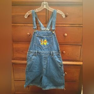 Vintage Winner the Pooh embroidered denim overall shorts.